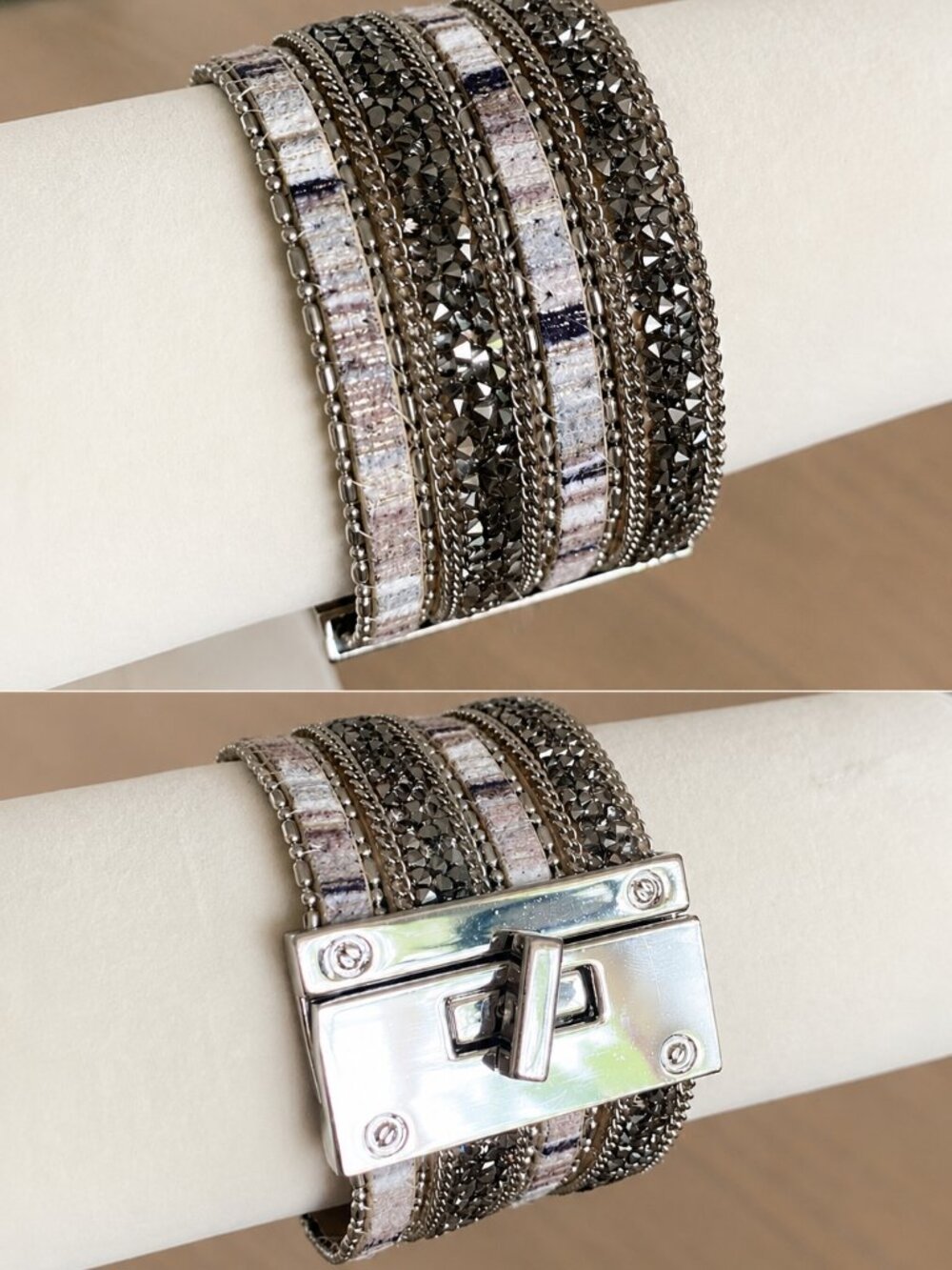 Express Wide Rhinestone Cuff Bracelet Silver Gunmetal Multi Strand Turn Lock